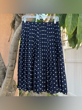 Vintage Lauren Ralph Lauren Navy Blue Silk Chiffon Skirt with Cream Polka Dots